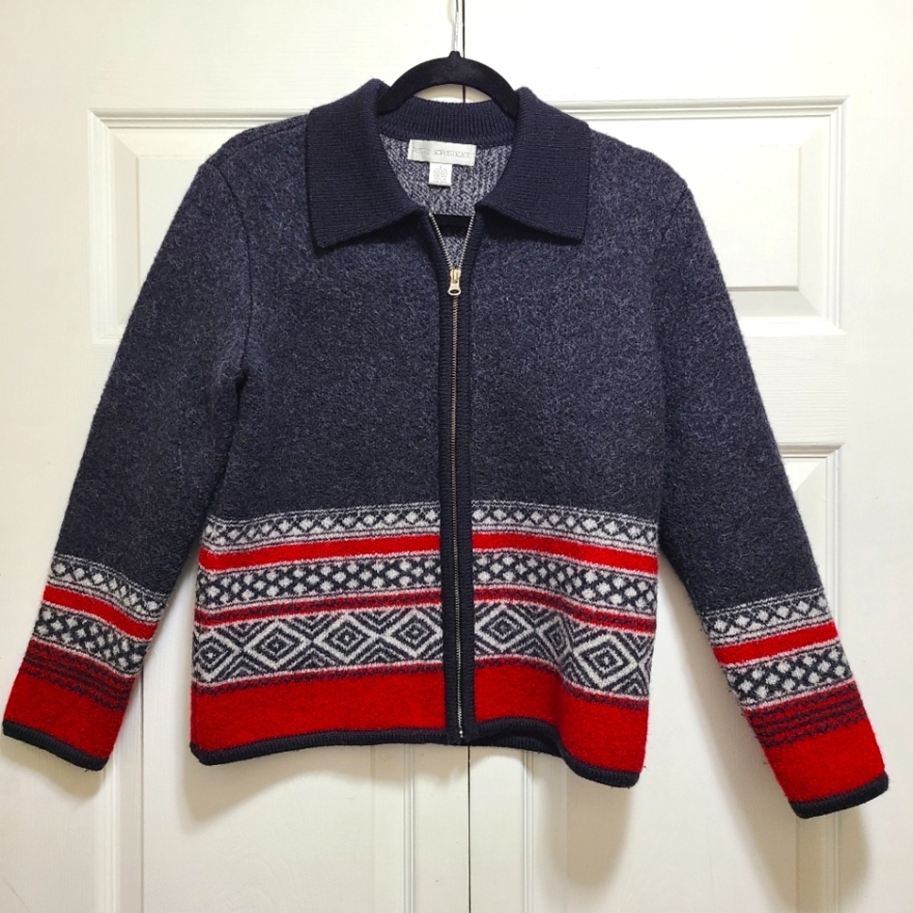 Petite Sophisticate Red Sweater Cardigan S 100% Wool vintage Fair Isle Vtg